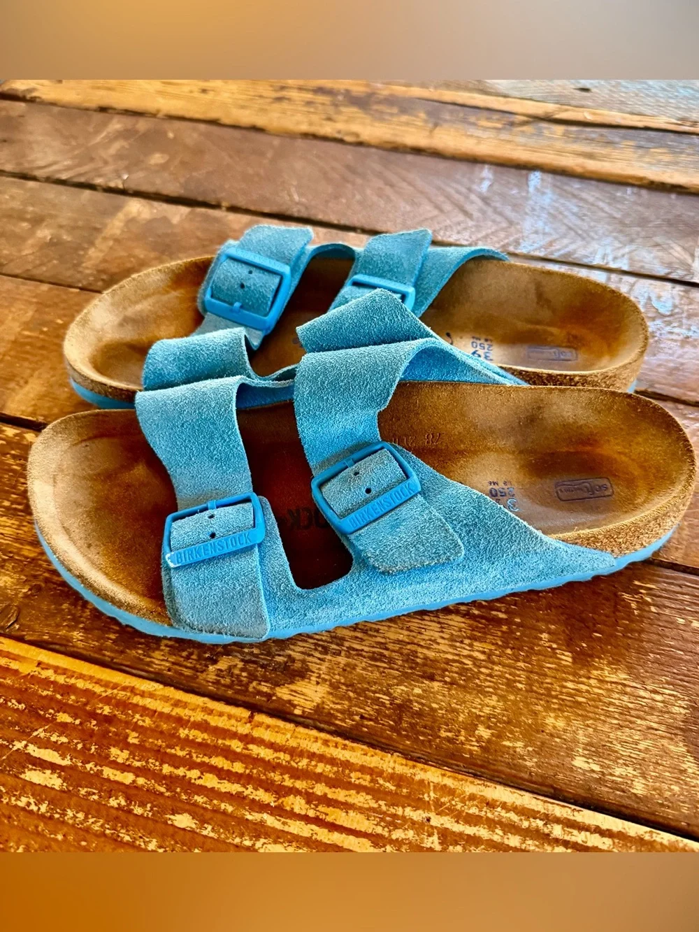 Birkenstalk Arizona suede blue, soft bed, cork bottom, size 39